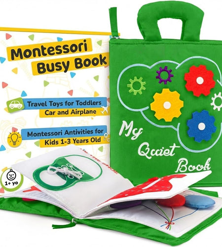 Quiet Book Montessori Toys for Toddlers – Learning Toy – Preschool Educational Toy with Toddler Activities Busy Book, Travel Toy for Boys & Girls + Zipper Bag, Green