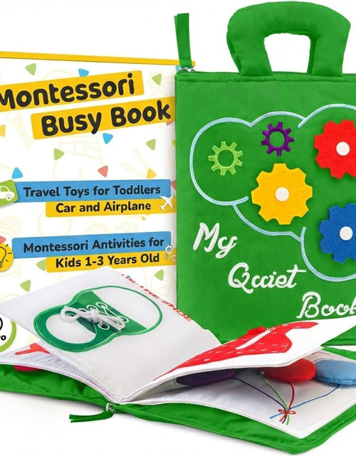 Load image into Gallery viewer, Quiet Book Montessori Toys for Toddlers – Learning Toy – Preschool Educational Toy with Toddler Activities Busy Book, Travel Toy for Boys &amp; Girls + Zipper Bag, Green
