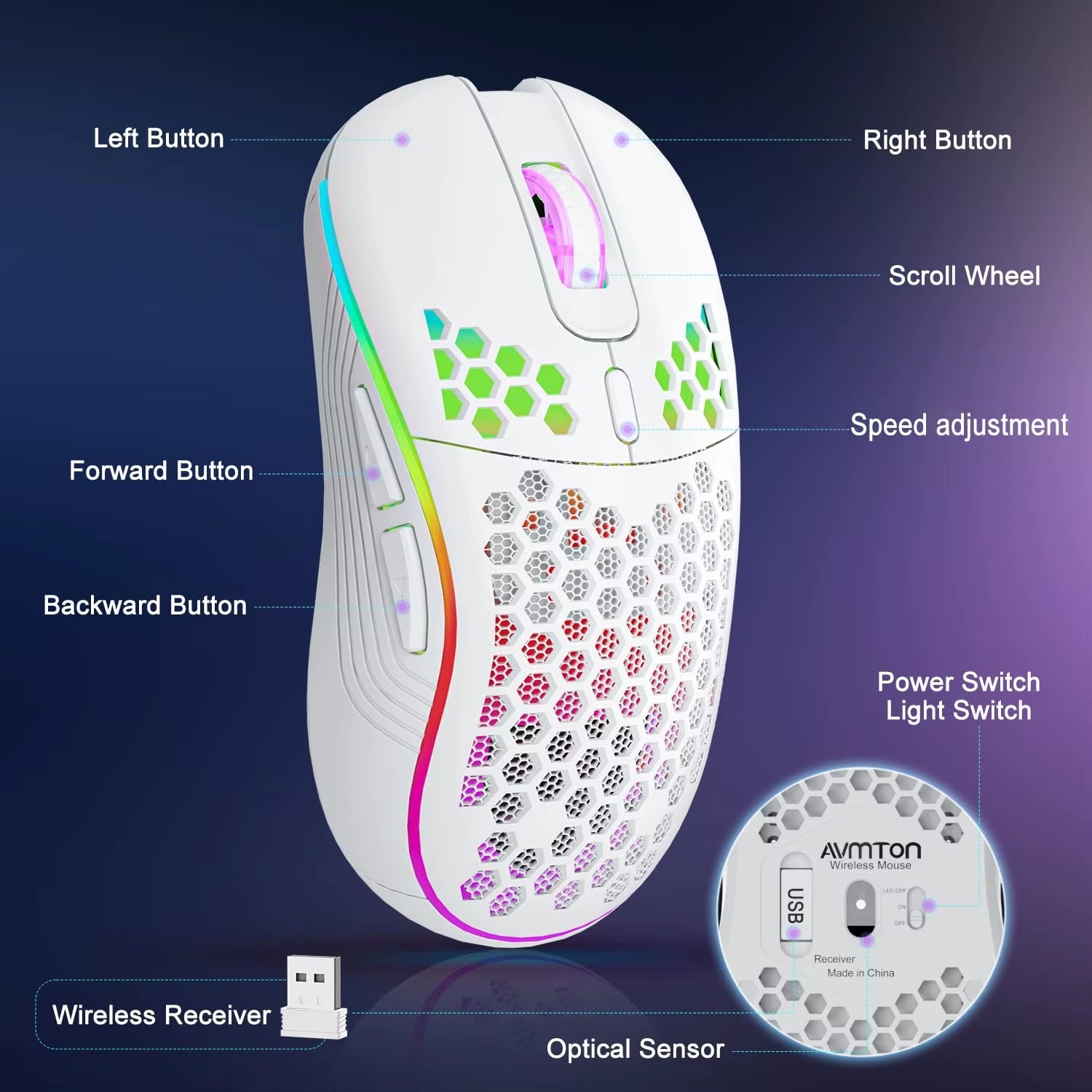 2.4G Wireless Mouse with RGB Backlit 6 - Button 3 - Speed DPI Type C Rechargeable Ergonomic Honeycomb Design Gaming Mouse - My Store
