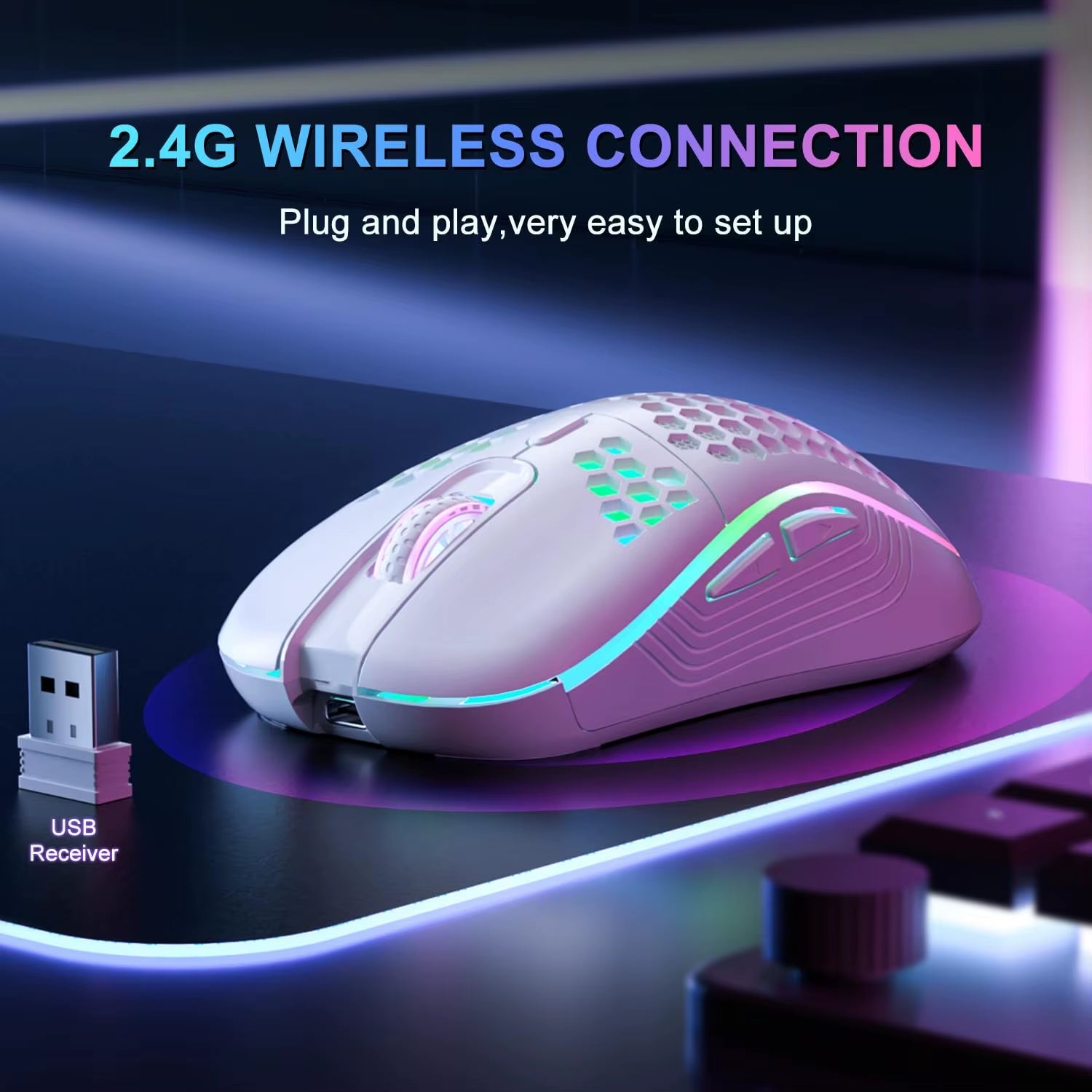 2.4G Wireless Mouse with RGB Backlit 6 - Button 3 - Speed DPI Type C Rechargeable Ergonomic Honeycomb Design Gaming Mouse - My Store
