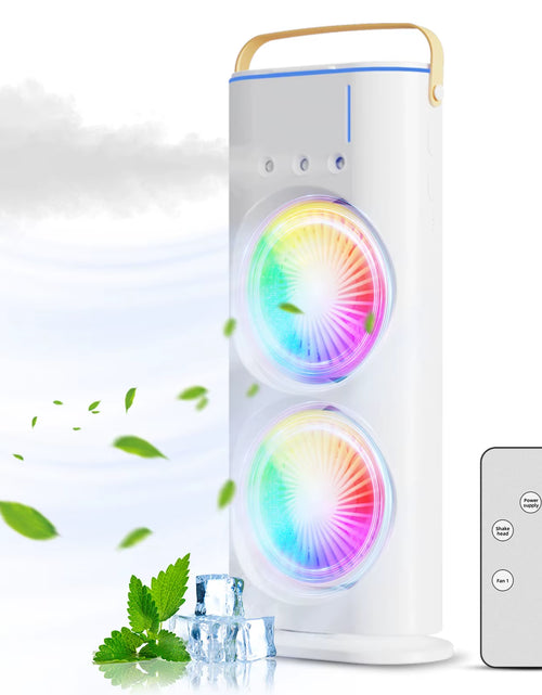 Load image into Gallery viewer, BreezeGlow™ 2-in-1 Dual Mist Cooling Fan – Chill, Hydrate &amp; Light Up Your Space
