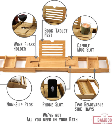 Bathtub Caddy Tray (Natural)- Bamboo Wood Bath Tray and Bath Caddy for a Home Spa Experience