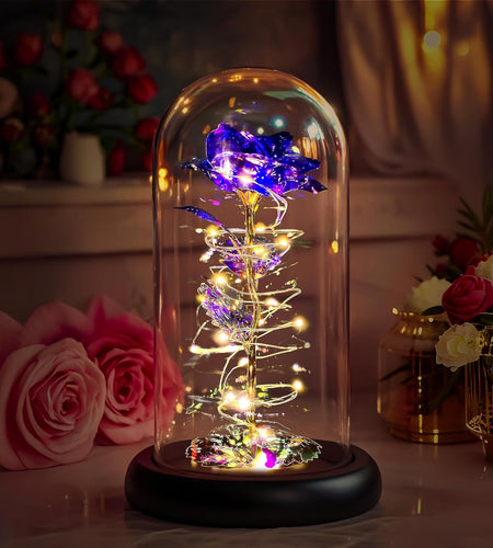 Rose Flower Gifts for Women,Birthday Gifts for Women,Womens Gifts for Christmas,Mom Gift for Xmas, Purple Colorful Artificial Flower Rose Light up Rose in a Glass Dome,Flower Gifts for Her,Anniversary