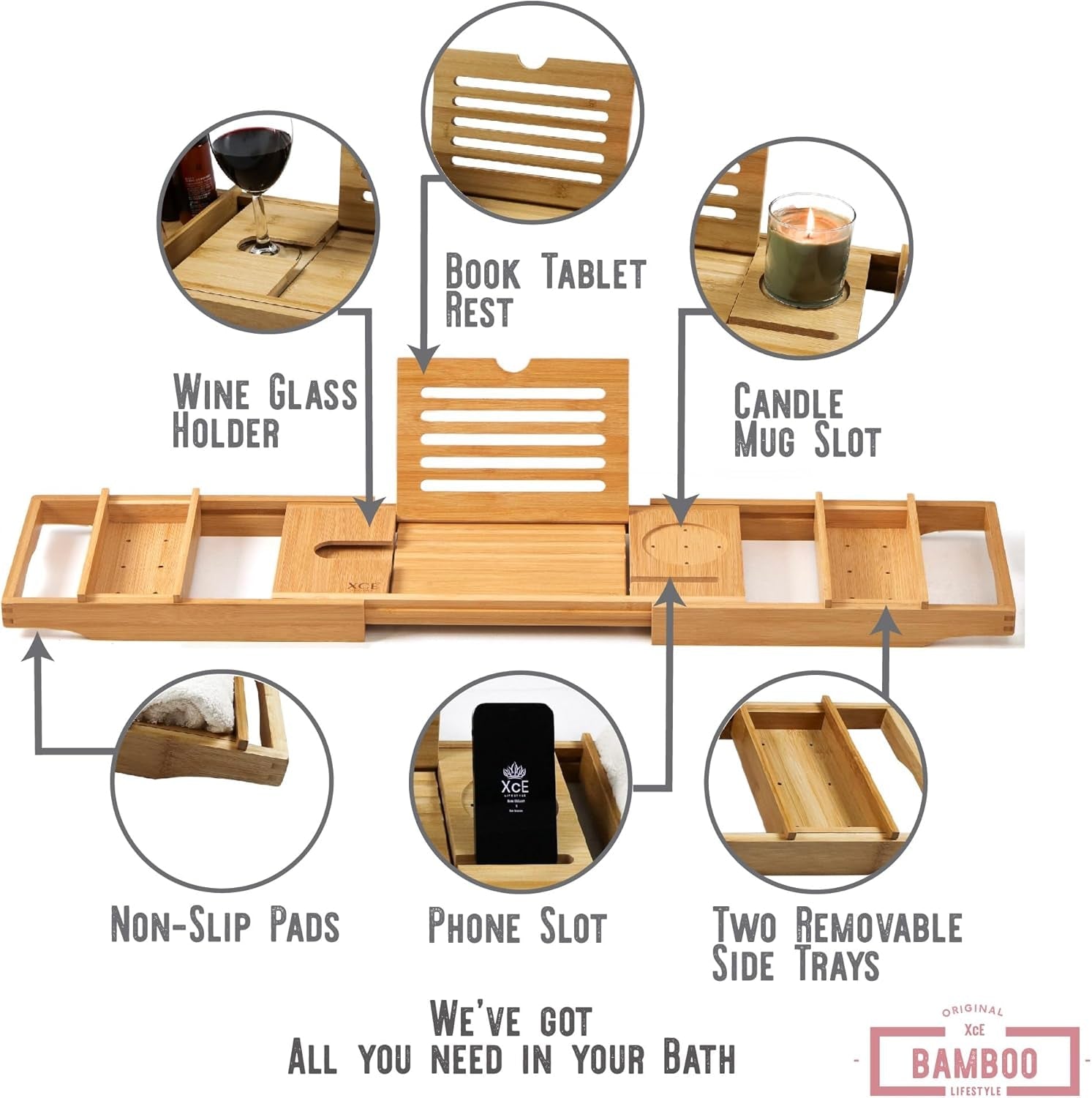 Bathtub Caddy Tray (Natural) - Bamboo Wood Bath Tray and Bath Caddy for a Home Spa Experience - My Store