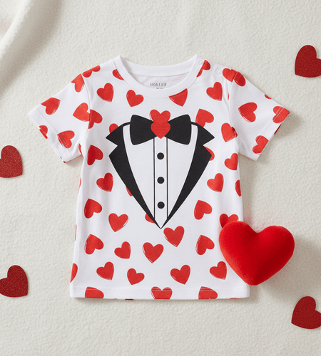 Boys Valentines Day Shirt Red Hearts Tie Toddler Infant Kids T-Shirt - TreasurTrove