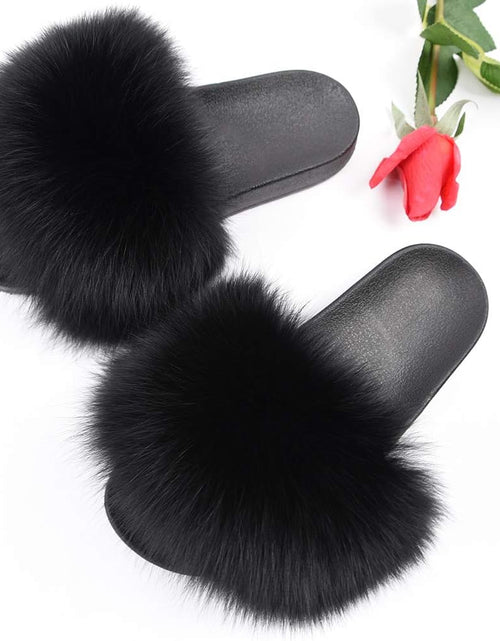 Load image into Gallery viewer, Real Fox Fur Slides for Women - Furry Slides Fluffy Fur Slippers Open Toe Flat Slides Fur Sandals Outdoor
