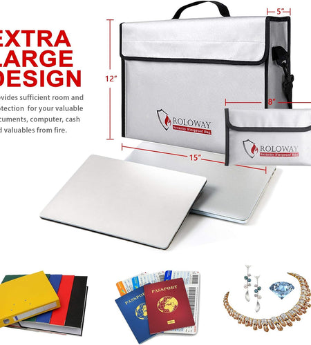 Fireproof Document & Money Bags, Large Fireproof & Water Resistant Bag (15 X 12 X 5 Inches), Fireproof Folder Safe Bag for Cash, Valuables & Passport, with Silicone Coating & Zipper Closure