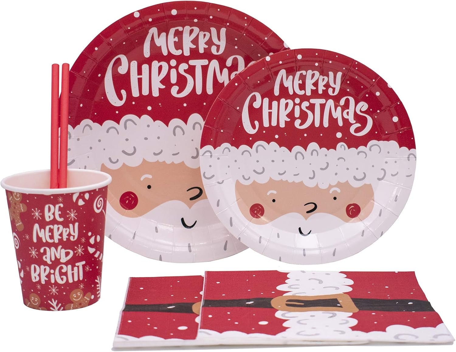 Disposable Christmas Paper Plates, Napkins, Cups & Straws Set for 20 (Red) - My Store