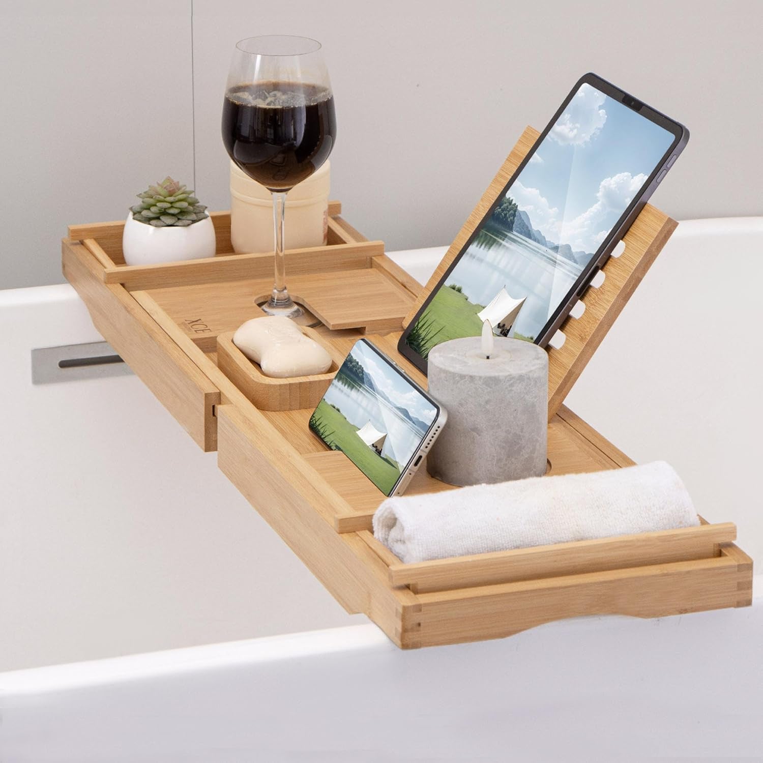 Bathtub Caddy Tray (Natural)- Bamboo Wood Bath Tray and Bath Caddy for a Home Spa Experience