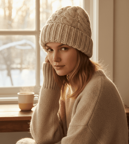 Exclusives Cable Knit Beanie - Thick, Soft & Warm Chunky Ribbed Beanie Hats Epoxy Button for Face Mask (BHT-1) (A Button Beige) - TreasurTrove