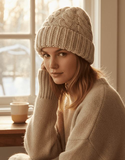 Load image into Gallery viewer, Exclusives Cable Knit Beanie - Thick, Soft &amp; Warm Chunky Ribbed Beanie Hats Epoxy Button for Face Mask (BHT-1) (A Button Beige) - TreasurTrove
