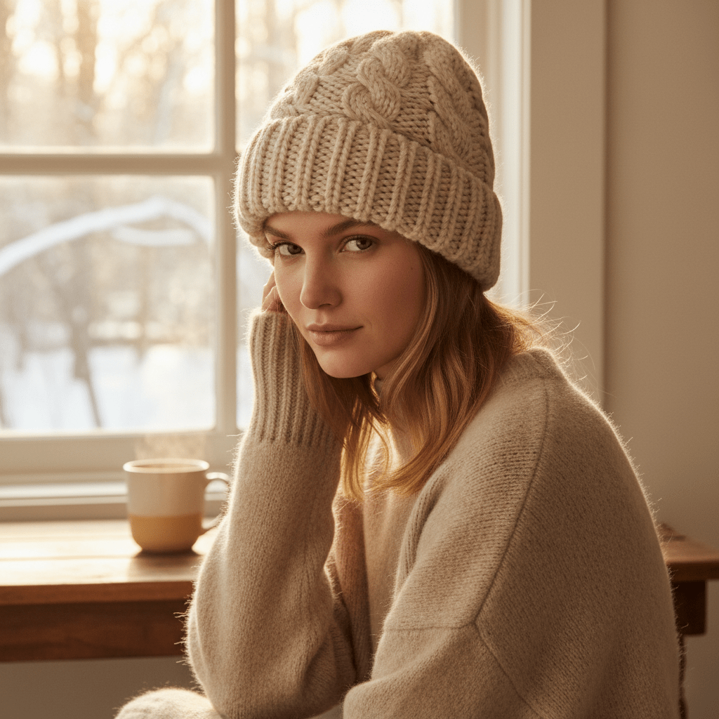 Exclusives Cable Knit Beanie - Thick, Soft & Warm Chunky Ribbed Beanie Hats Epoxy Button for Face Mask (BHT-1) (A Button Beige) - TreasurTrove