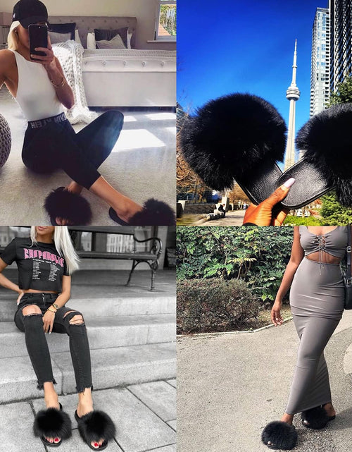 Load image into Gallery viewer, Real Fox Fur Slides for Women - Furry Slides Fluffy Fur Slippers Open Toe Flat Slides Fur Sandals Outdoor
