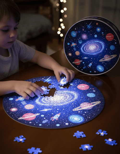 Load image into Gallery viewer, Outer Space Glow - In - The - Dark Puzzle, 100 Pieces, 18”X12”, Made for Kids Age 5+, Illustrations of Planets, Stars, Spaceships and More, Award - Winning Glow in the Dark Puzzle - My Store
