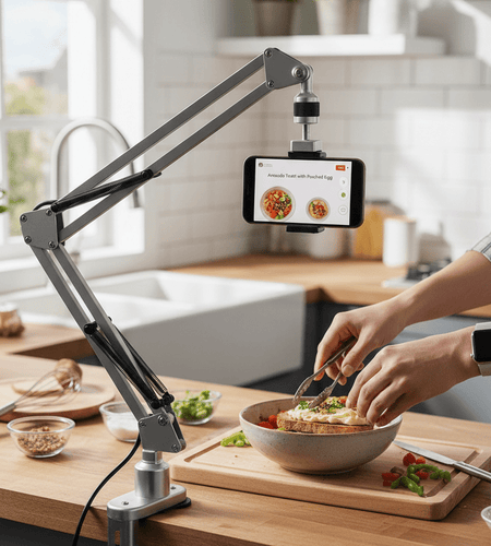 Overhead Video Stand Phone Holder Articulating Arm Phone Mount Table Top Scissor Boom Arm Articulating Phone Stand Tablet Phone Holder for Streaming Phone Baking Crafting - My Store