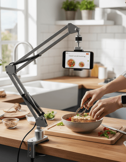 Load image into Gallery viewer, Overhead Video Stand Phone Holder Articulating Arm Phone Mount Table Top Scissor Boom Arm Articulating Phone Stand Tablet Phone Holder for Streaming Phone Baking Crafting - My Store
