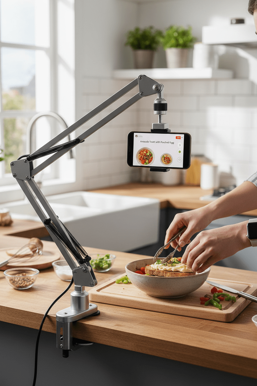 Overhead Video Stand Phone Holder Articulating Arm Phone Mount Table Top Scissor Boom Arm Articulating Phone Stand Tablet Phone Holder for Streaming Phone Baking Crafting - My Store