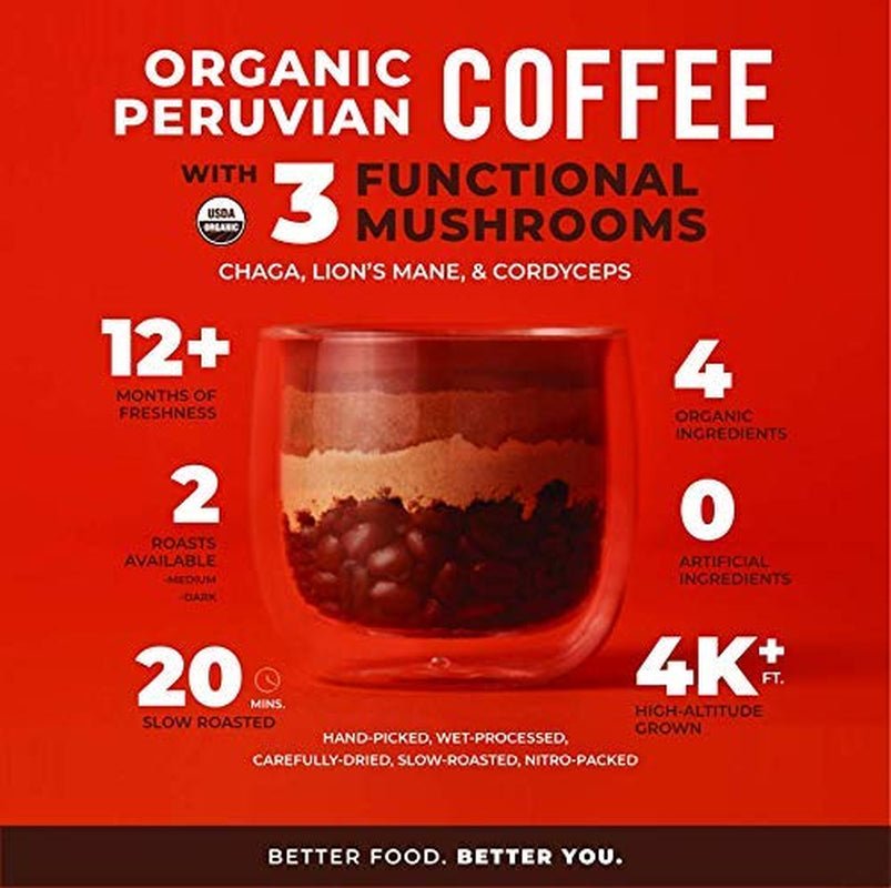 Peruvian Medium Roast Coffee with Functional Mushrooms, Certified Organic Peruvian Ground Coffee Beans, Gluten - Free, Dairy - Free, Non - Gmo, Paleo, Keto Friendly, 12 Oz. Bag - My Store