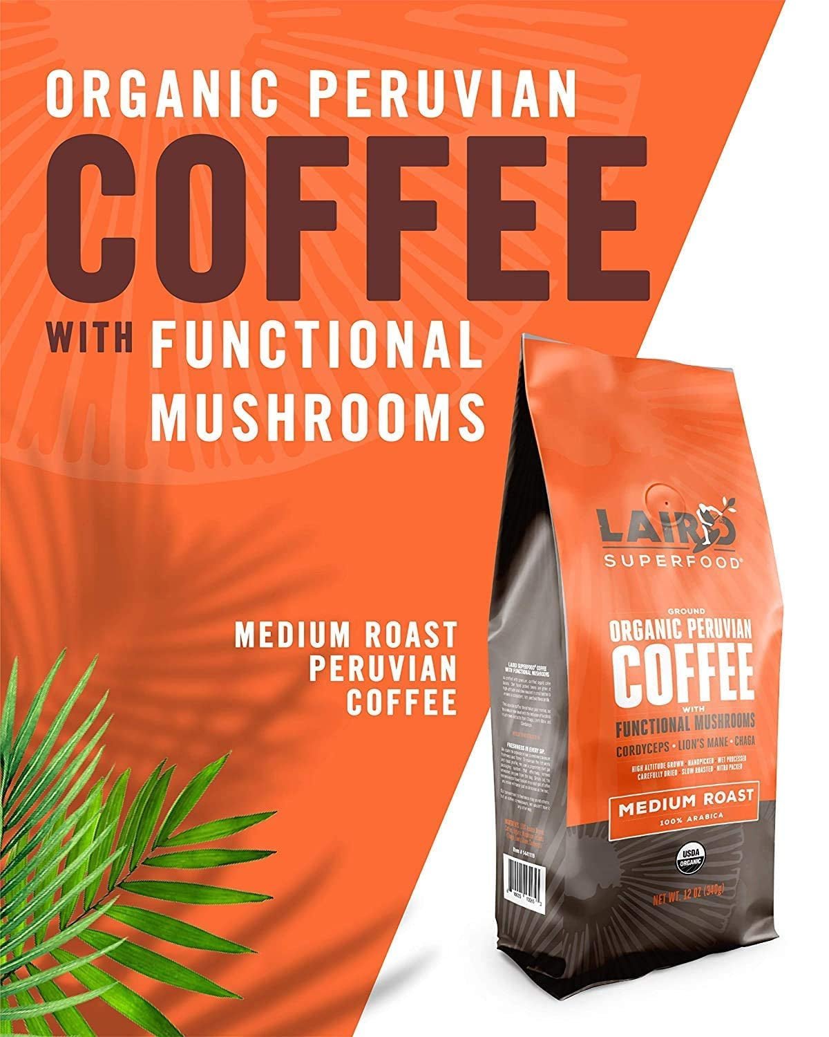 Peruvian Medium Roast Coffee with Functional Mushrooms, Certified Organic Peruvian Ground Coffee Beans, Gluten - Free, Dairy - Free, Non - Gmo, Paleo, Keto Friendly, 12 Oz. Bag - My Store