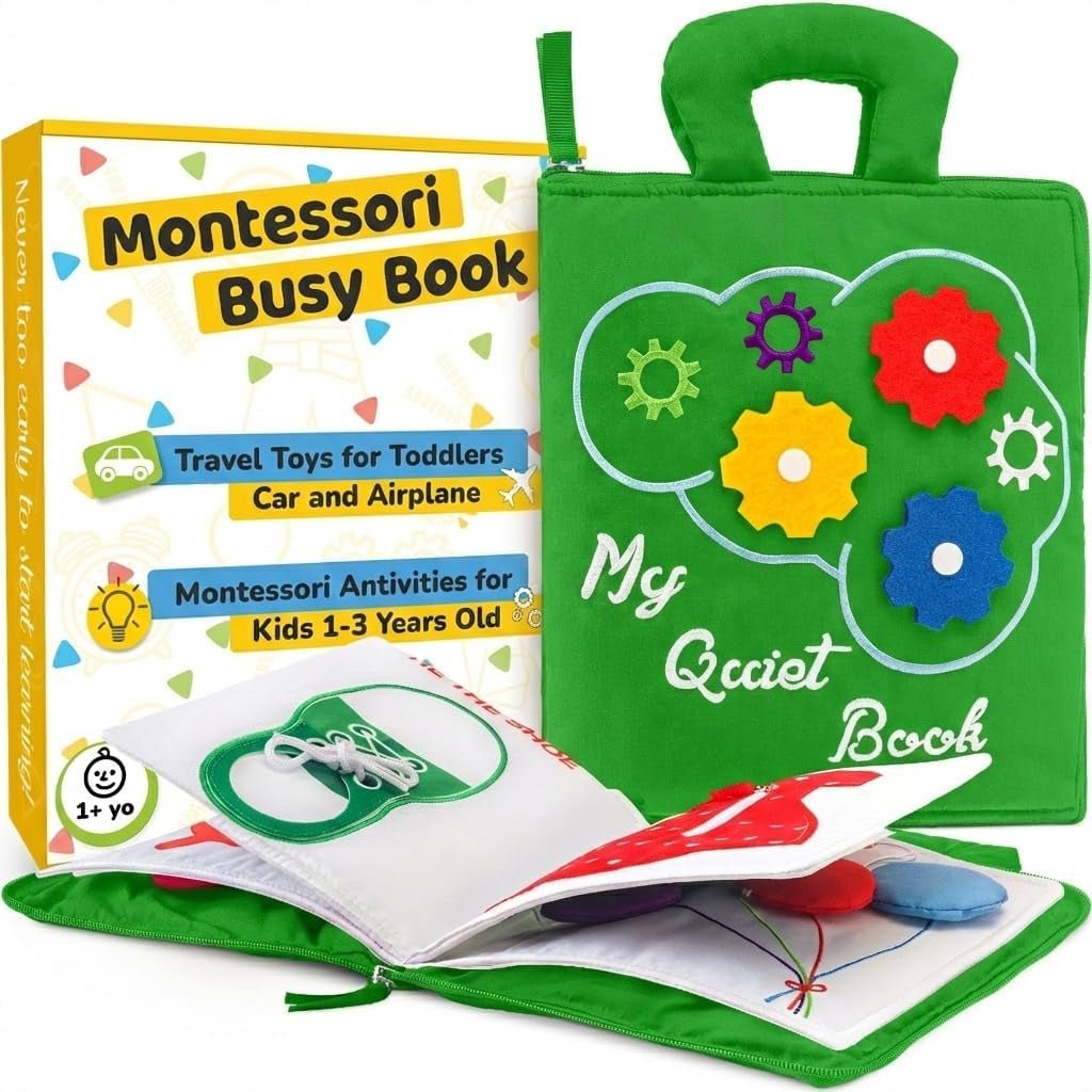Quiet Book Montessori Toys for Toddlers – Learning Toy – Preschool Educational Toy with Toddler Activities Busy Book, Travel Toy for Boys & Girls + Zipper Bag, Green - My Store