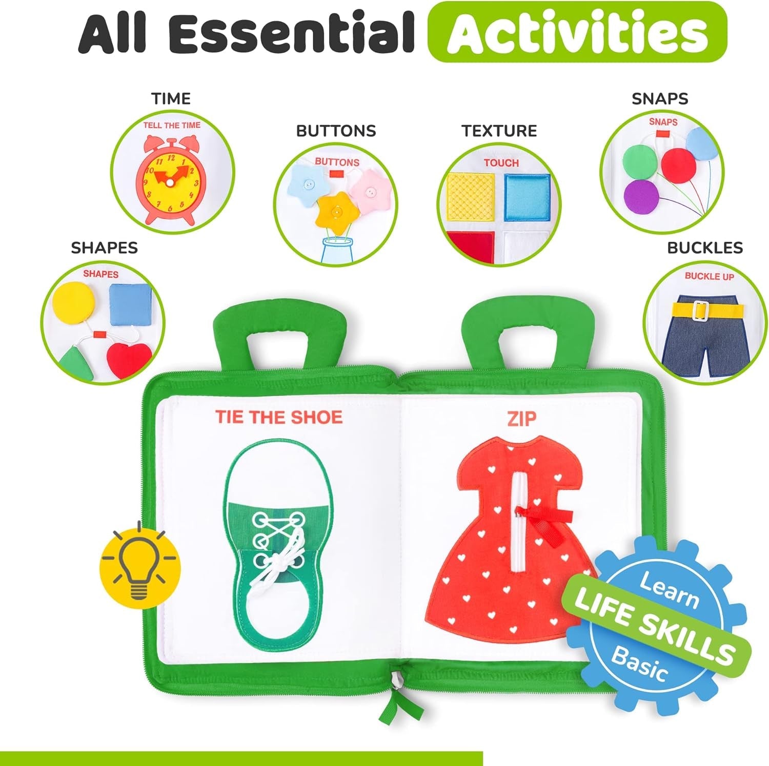 Quiet Book Montessori Toys for Toddlers – Learning Toy – Preschool Educational Toy with Toddler Activities Busy Book, Travel Toy for Boys & Girls + Zipper Bag, Green - My Store