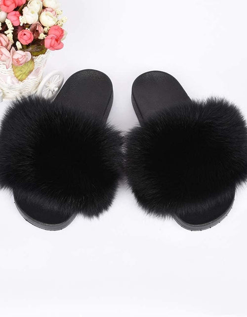 Load image into Gallery viewer, Real Fox Fur Slides for Women - Furry Slides Fluffy Fur Slippers Open Toe Flat Slides Fur Sandals Outdoor - My Store
