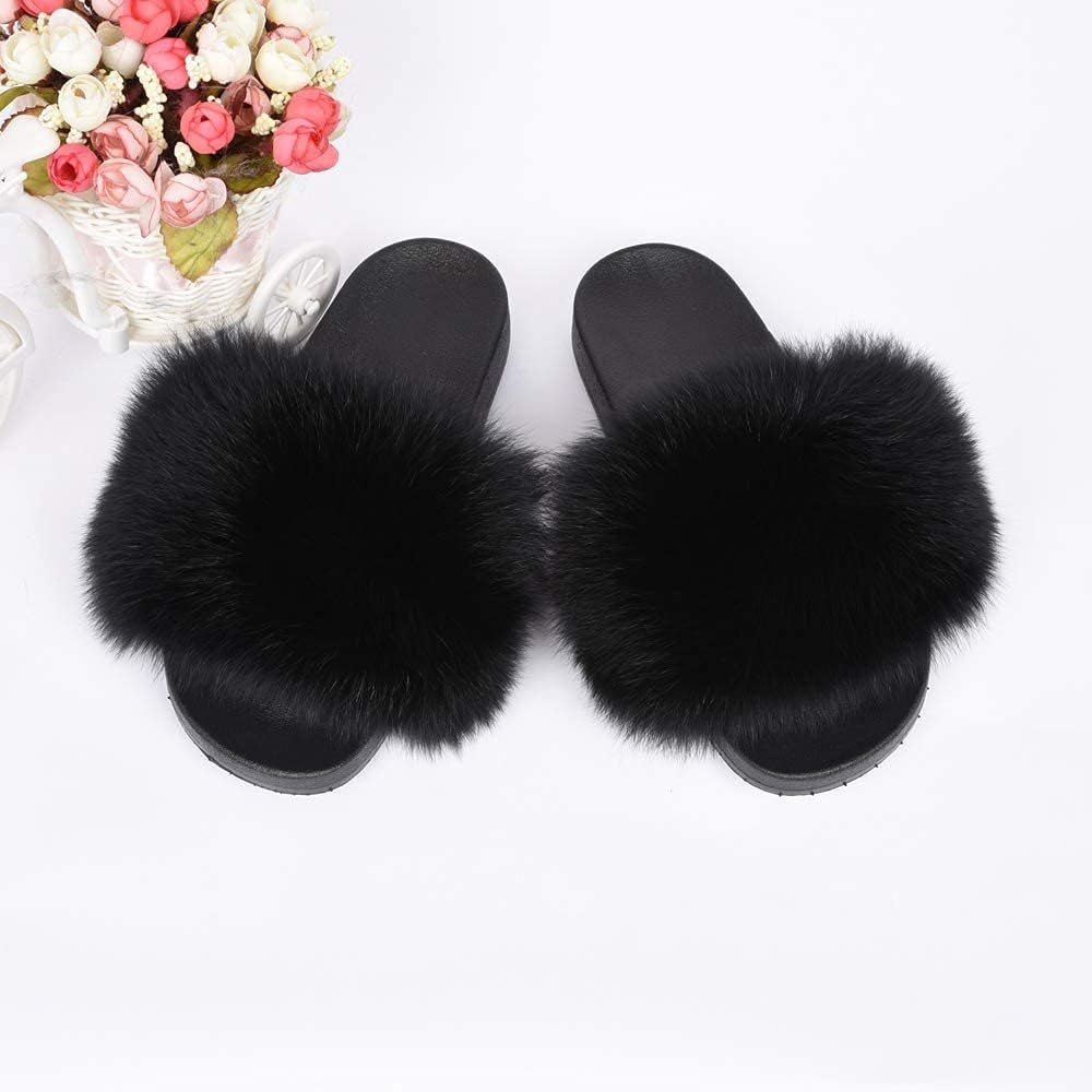 Real Fox Fur Slides for Women - Furry Slides Fluffy Fur Slippers Open Toe Flat Slides Fur Sandals Outdoor - My Store