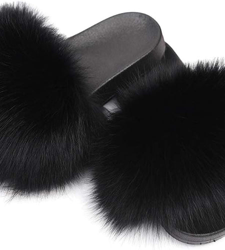 Real Fox Fur Slides for Women - Furry Slides Fluffy Fur Slippers Open Toe Flat Slides Fur Sandals Outdoor - My Store