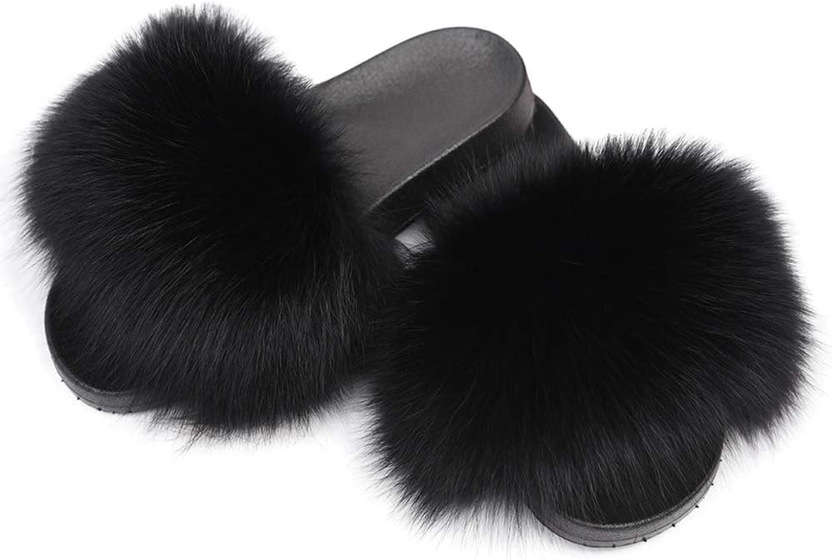 Real Fox Fur Slides for Women - Furry Slides Fluffy Fur Slippers Open Toe Flat Slides Fur Sandals Outdoor - My Store