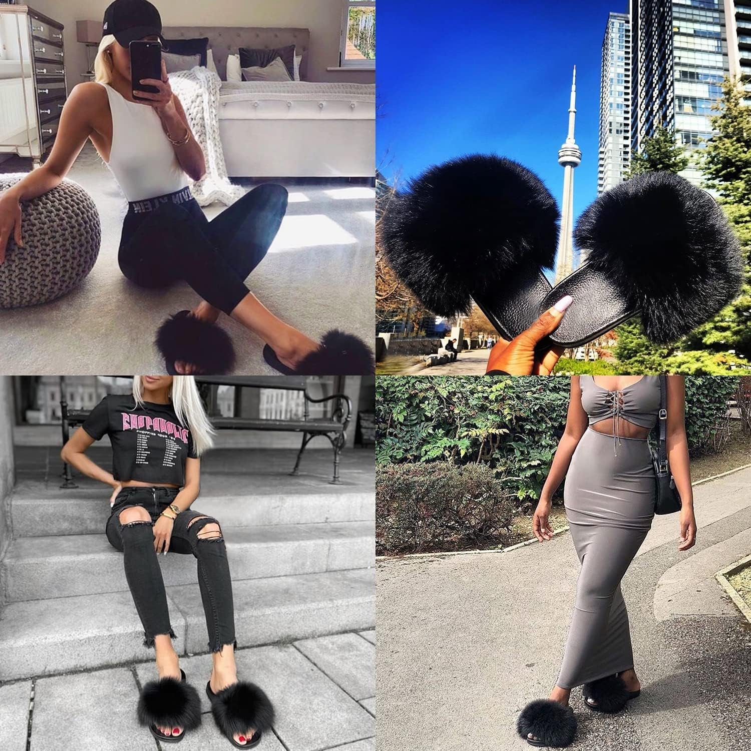 Real Fox Fur Slides for Women - Furry Slides Fluffy Fur Slippers Open Toe Flat Slides Fur Sandals Outdoor - My Store