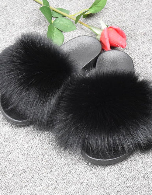Load image into Gallery viewer, Real Fox Fur Slides for Women - Furry Slides Fluffy Fur Slippers Open Toe Flat Slides Fur Sandals Outdoor - My Store
