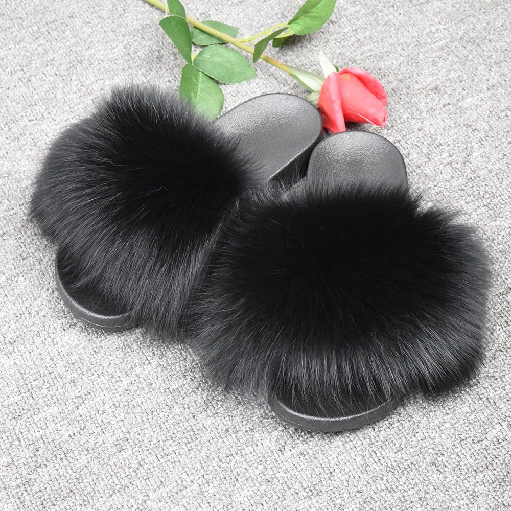 Real Fox Fur Slides for Women - Furry Slides Fluffy Fur Slippers Open Toe Flat Slides Fur Sandals Outdoor - My Store