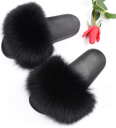 Real Fox Fur Slides for Women - Furry Slides Fluffy Fur Slippers Open Toe Flat Slides Fur Sandals Outdoor - My Store