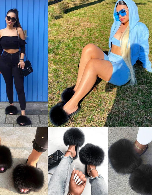 Load image into Gallery viewer, Real Fox Fur Slides for Women - Furry Slides Fluffy Fur Slippers Open Toe Flat Slides Fur Sandals Outdoor - My Store
