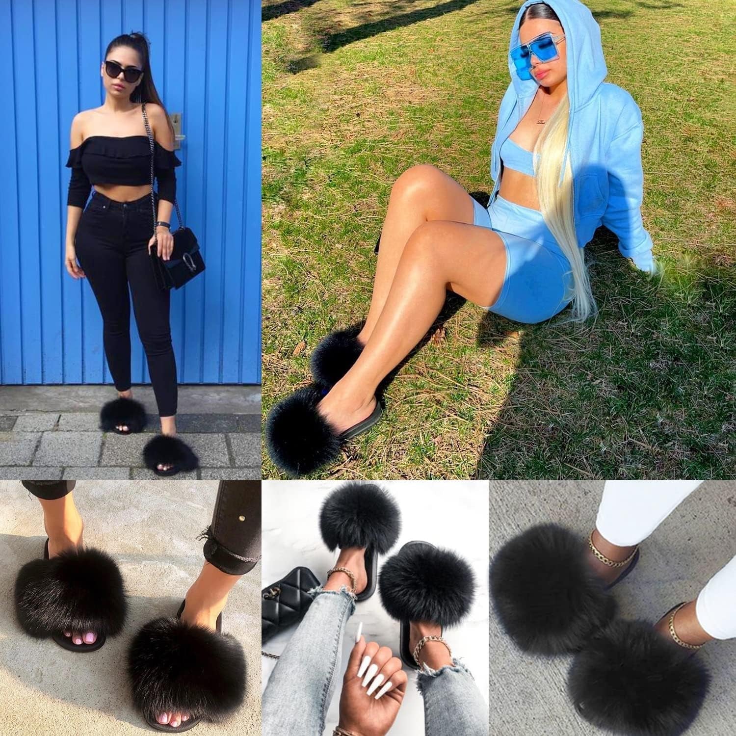 Real Fox Fur Slides for Women - Furry Slides Fluffy Fur Slippers Open Toe Flat Slides Fur Sandals Outdoor - My Store