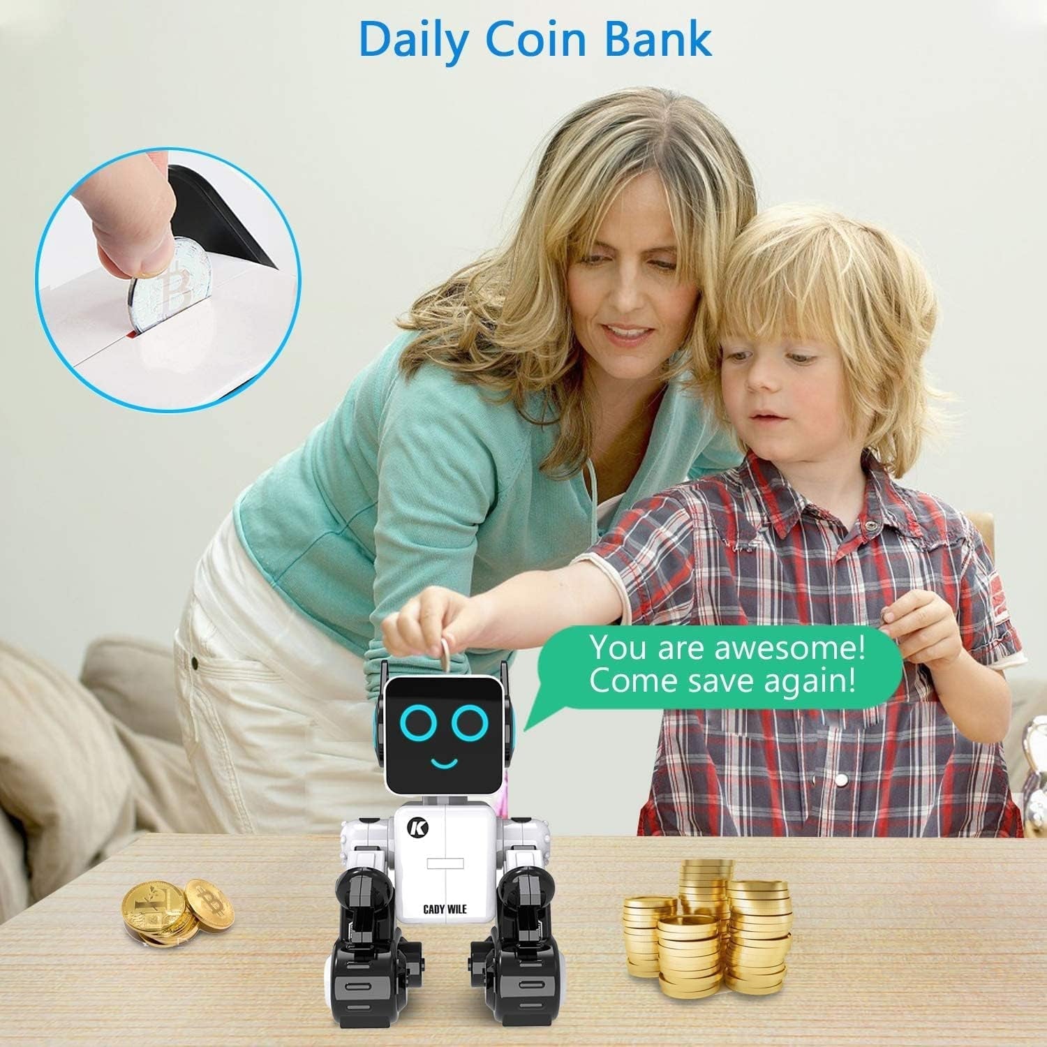 Rechargeable RC Robot Toy for Kids - Interactive Intelligent LED Light, Speaks, Dances, Built - In Coin Bank (White) - My Store
