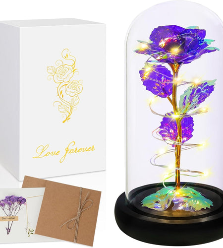 Rose Flower Gifts for Women,Birthday Gifts for Women,Womens Gifts for Christmas,Mom Gift for Xmas, Purple Colorful Artificial Flower Rose Light up Rose in a Glass Dome,Flower Gifts for Her,Anniversary - My Store