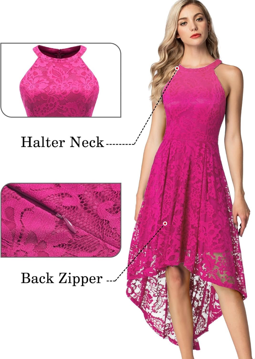Women'S Halter Floral Lace Cocktail Party Dress Hi - Lo Bridesmaid Dress - My Store
