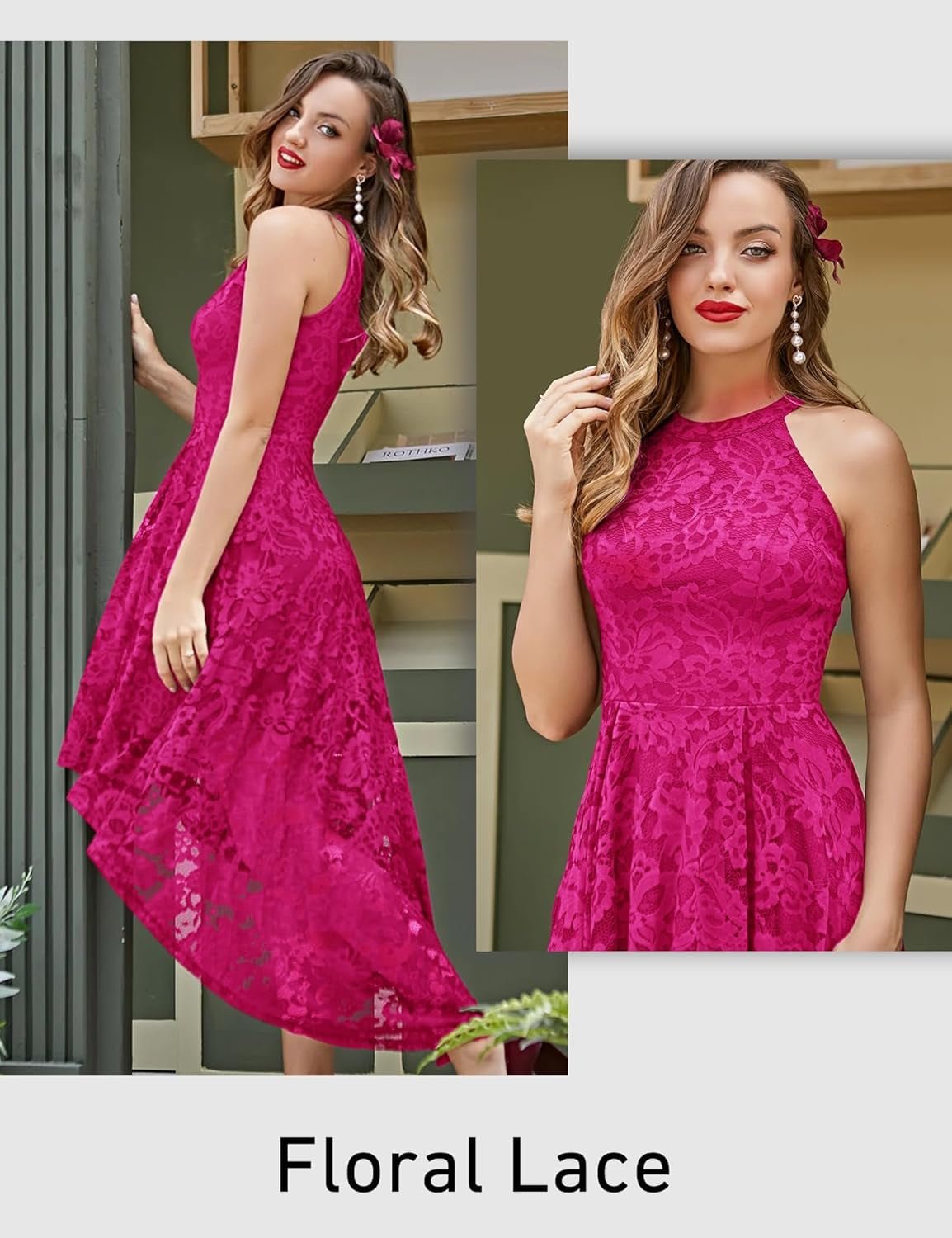 Women'S Halter Floral Lace Cocktail Party Dress Hi - Lo Bridesmaid Dress - My Store