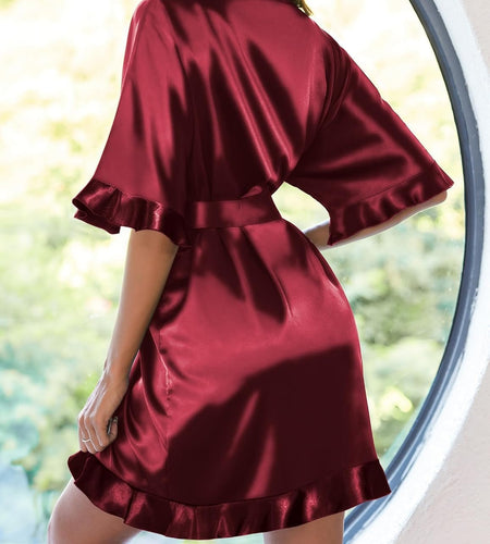 Womens Silk Ruffle Robe Short Satin Kimono Robe Half Sleeve Bathrobe Bridesmaid Wedding Party Dressing Gown - My Store