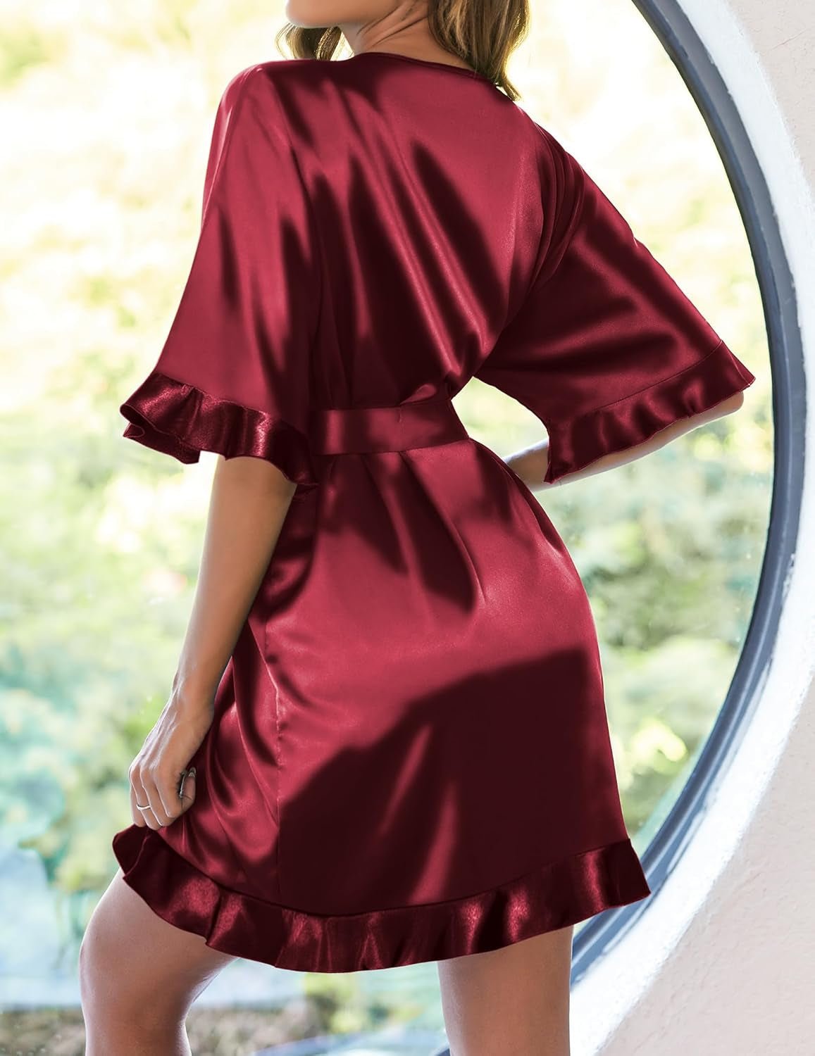 Womens Silk Ruffle Robe Short Satin Kimono Robe Half Sleeve Bathrobe Bridesmaid Wedding Party Dressing Gown - My Store