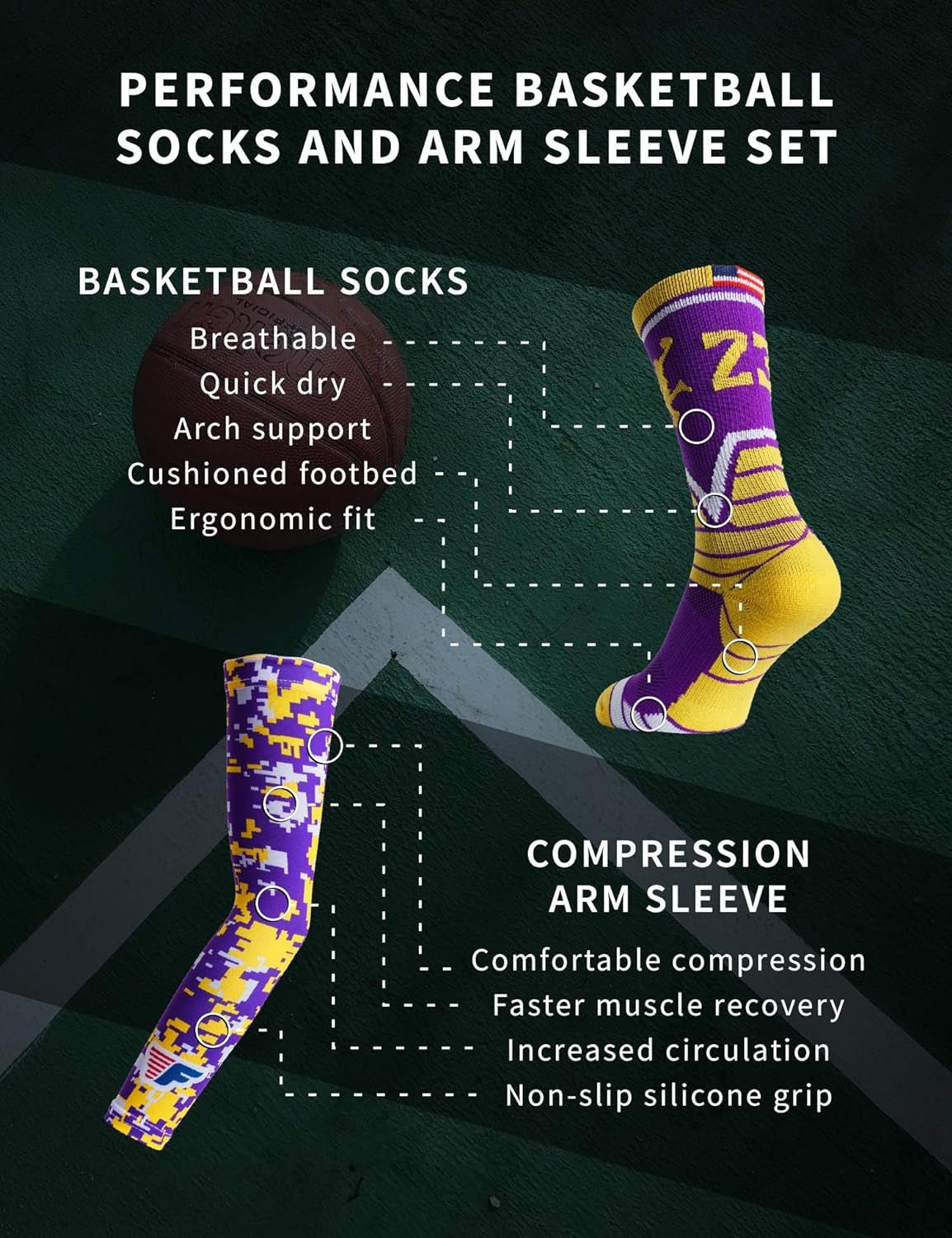 Youth Boys Basketball Socks Sports Athletic Crew Socks with Basketball Arm Sleeve - Made in USA - My Store